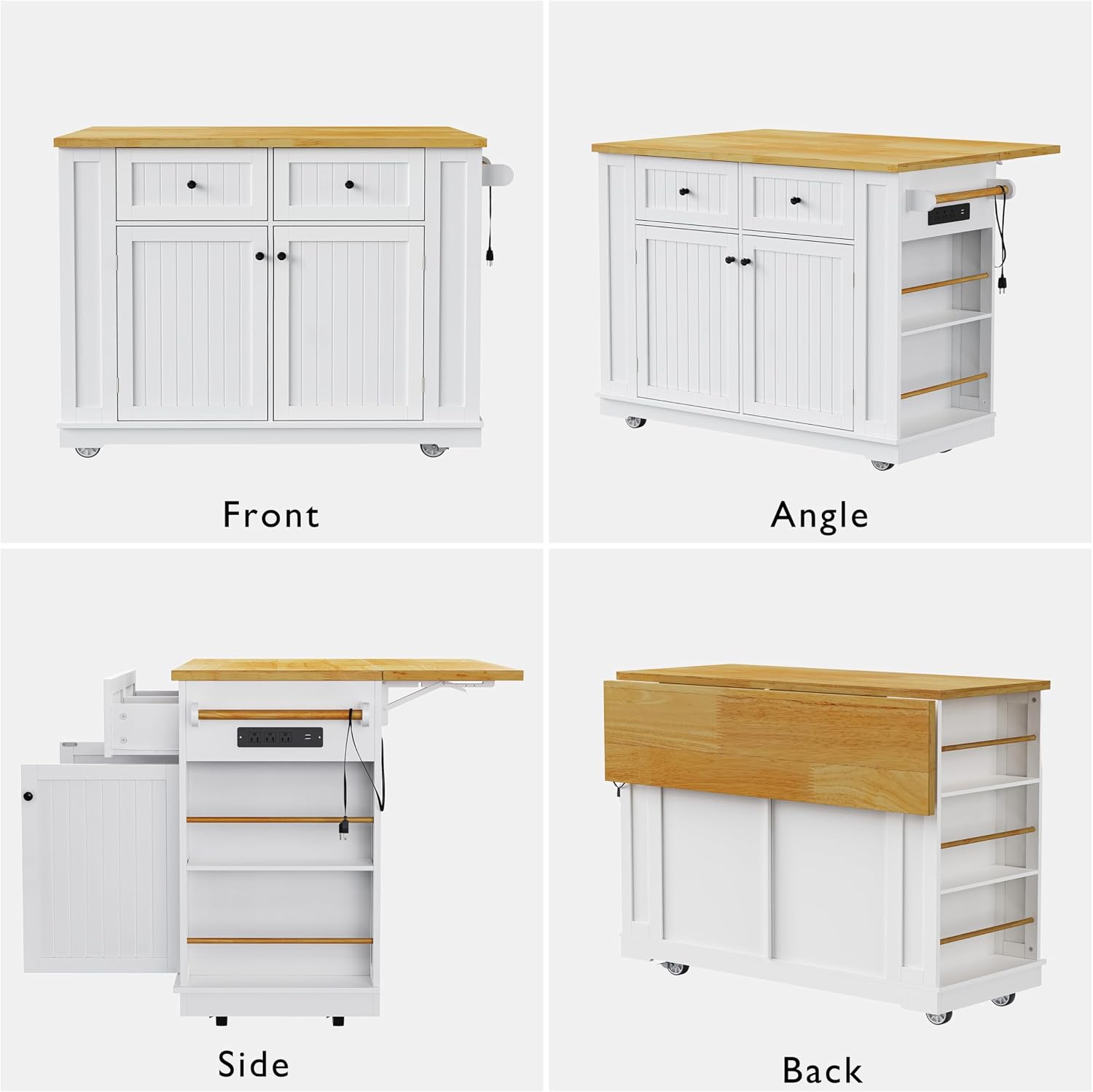 48 inch Rolling Kitchen Island Storage Cart on 5 Wheels with Drop Leaf, 2 Bar Stools, Power Outlet, Door Internal Storage Rack, 5 Open Side Racks, 2 Drawers for Dining Room, Home Bar White