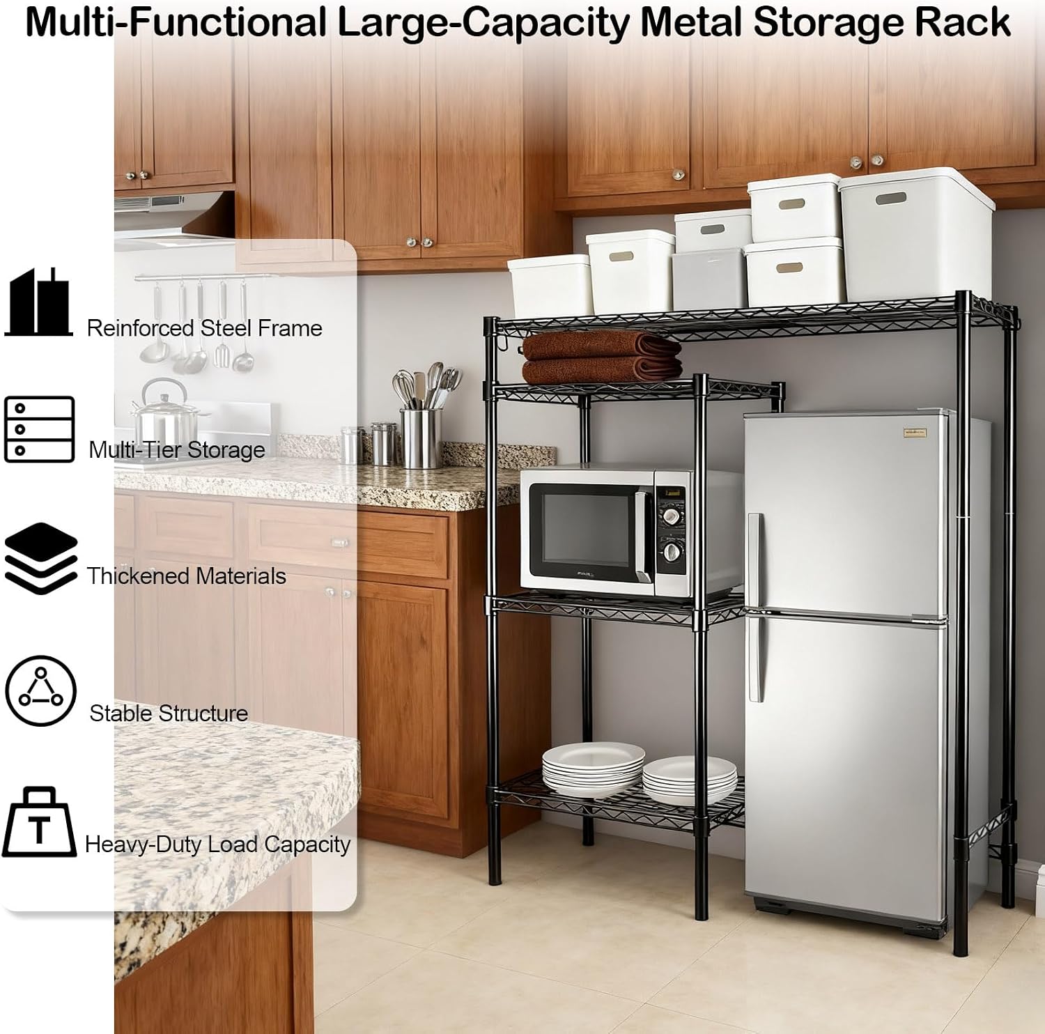 4-Tier Heavy-Duty Mini Fridge Stand with Storage, Adjustable Microwave Stand & Baker Rack, Space-Saving Organizer for Kitchen, Dorm, Office,18Wx48Dx53H