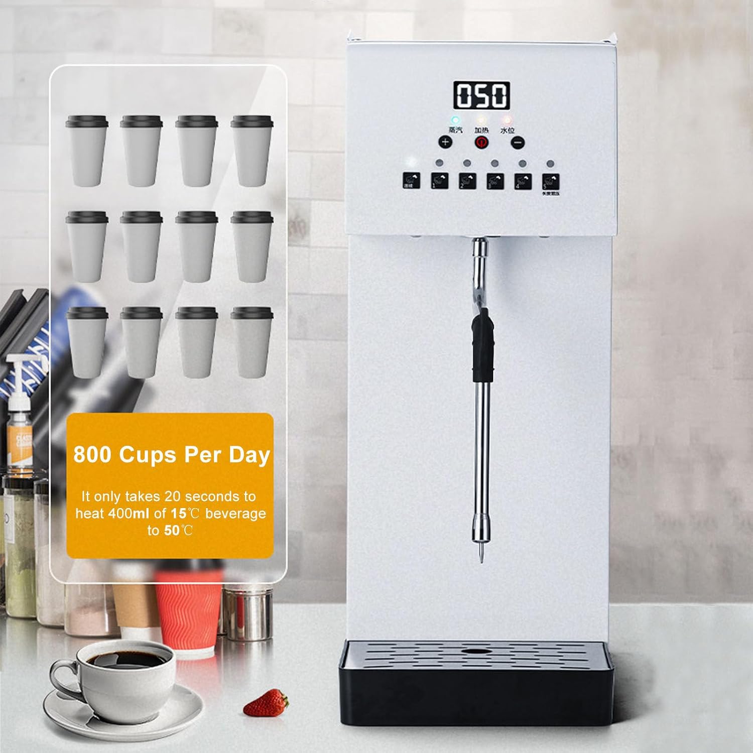 Milk Frother,Stainless Steel Milk Foam Maker, Steam Boiling Hot Water Dispenser, 2500W Boiler Electric Commercial Bubble Tea, 6L Stainless Steel Tank, 360° Steam Spray, L,