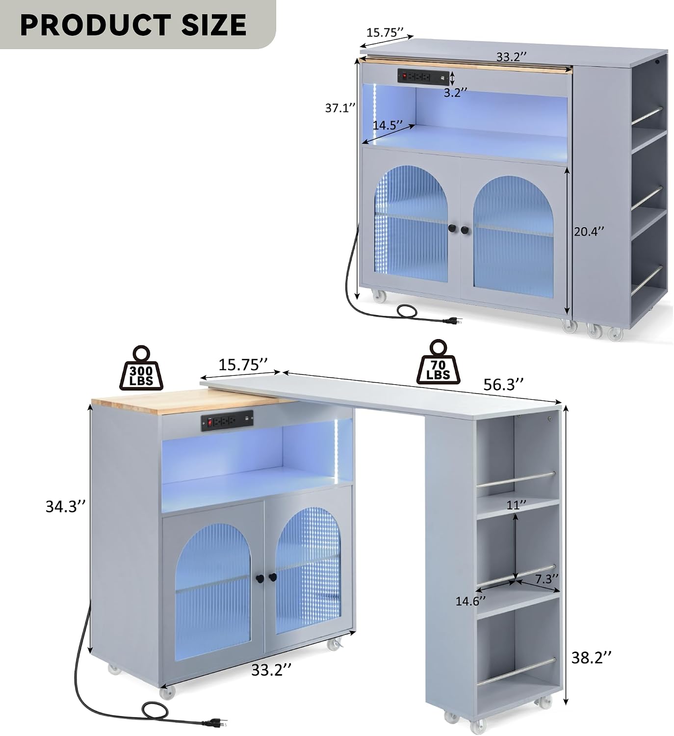 Rolling Kitchen Island W/Extended Table, Kitchen Island On Wheels with LED Lights,Power Outlets and 2 Fluted Glass Doors,Kitchen Island with a Storage Compartment&Side 3 Open Shelves (Light blue )
