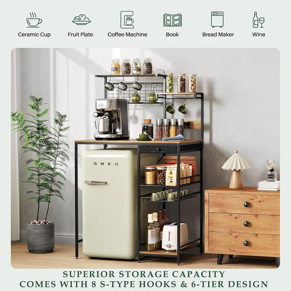 Kitchen Storage Bakers Rack with Power Outlet – Coffee Bar Station with S-Shaped Hooks & Drawer, Adjustable Feet Microwave Stand for Microwave, Mini Fridge, Coffee Maker, Brown