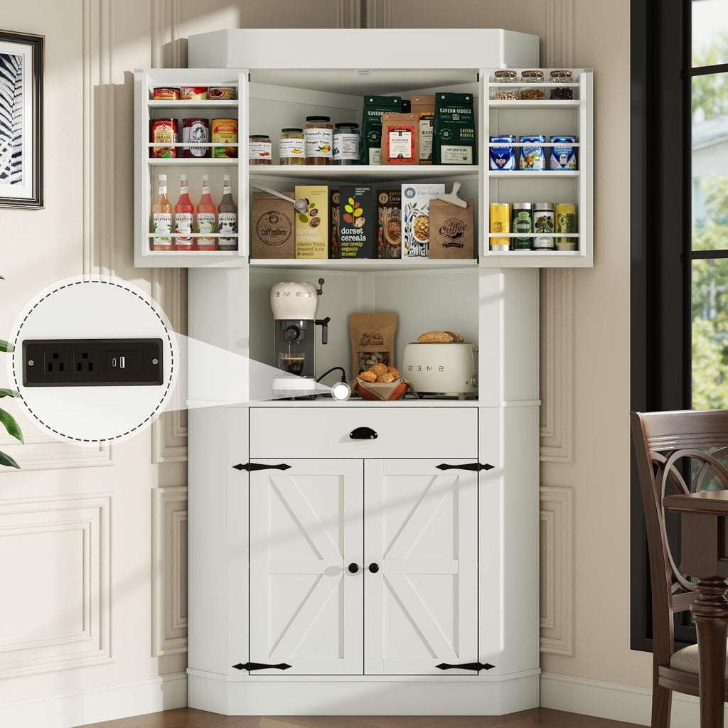 74'Corner Cabinet with Charging Station,Kitchen Pantry Storage Cabinet with Drawer,Freestanding Kitchen Pantry Cabinets with Doors and Shelves,Farmhouse Food Hutch for Dining Room,Living Room(White)