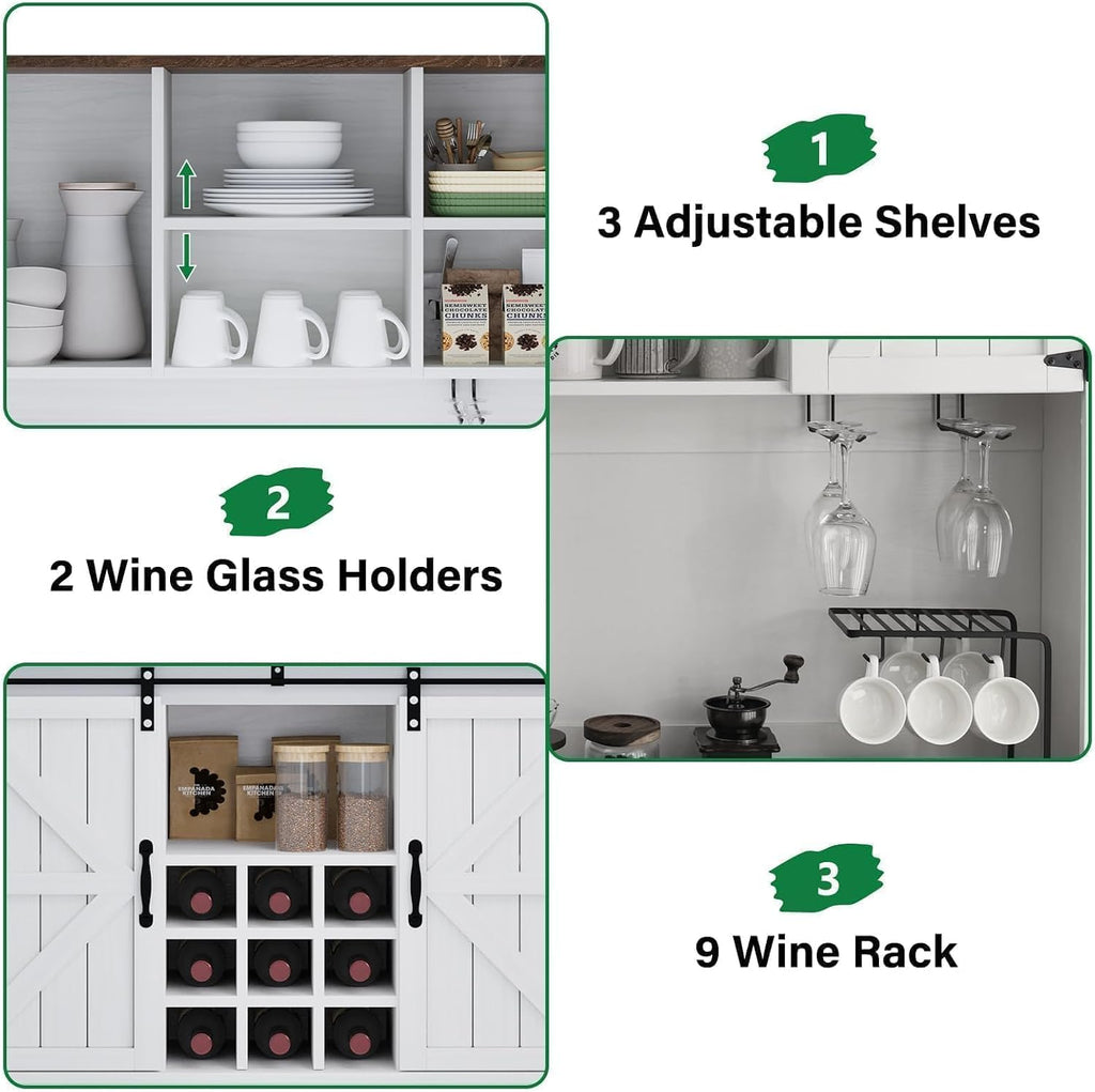 Farmhouse Coffee Bar Cabinet with Wine Rack, 72' Tall Kitchen Storage Cabinet with 3 Drawers, 9-Bottle Wine Holder, 6 Hooks, Sliding Barn Doors and Adjustable Shelves, for Dining Room, White
