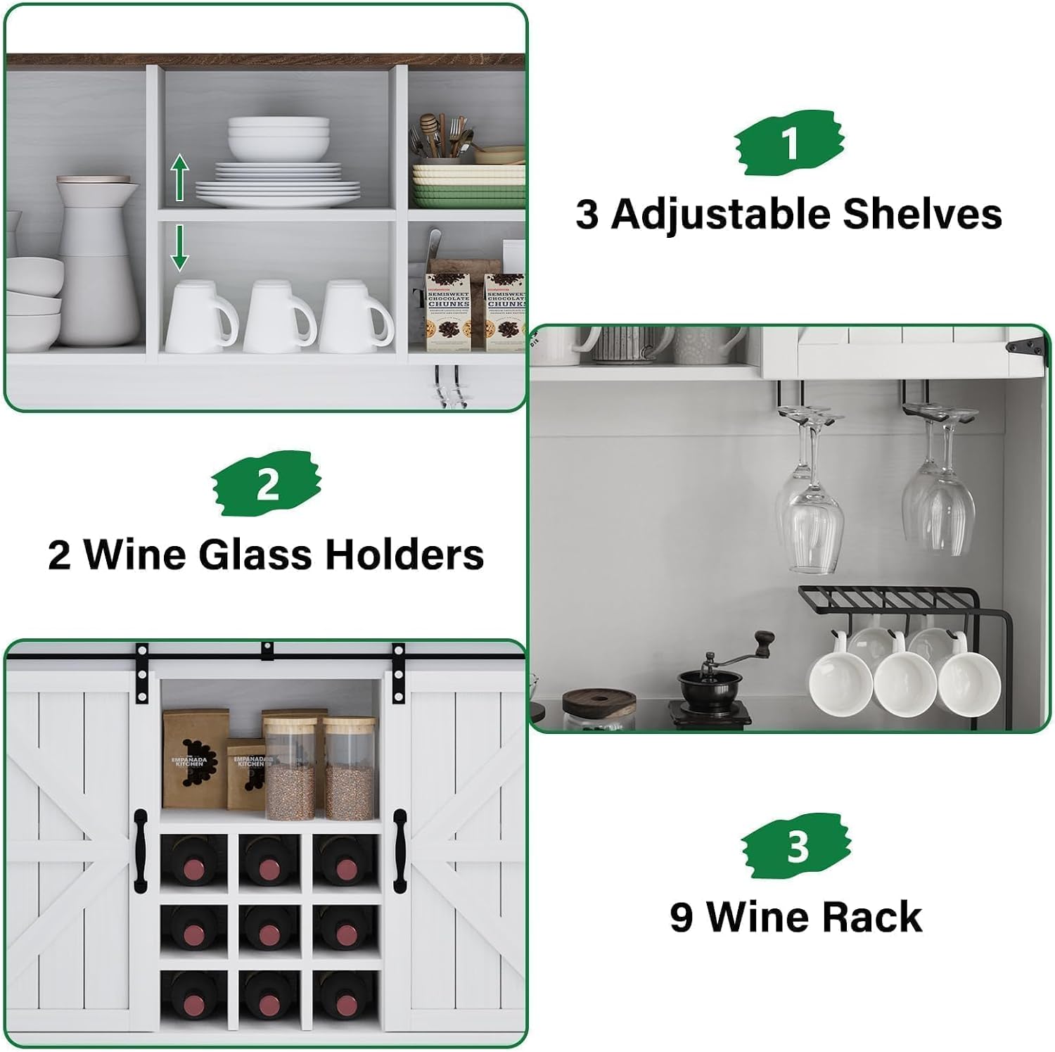 Farmhouse Coffee Bar Cabinet with Wine Rack, 72' Tall Kitchen Storage Cabinet with 3 Drawers, 9-Bottle Wine Holder, 6 Hooks, Sliding Barn Doors and Adjustable Shelves, for Dining Room, White
