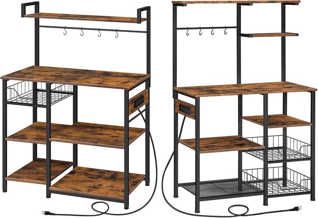 HOOBRO Bakers Rack with Power Outlet and Large Microwave stand with Power Outlets, 35.4 In Coffee Bar with Mesh Basket, Kitchen Shelf with Wire Basket, Rustic Brown and Black BF05HB01-BF64UHB01