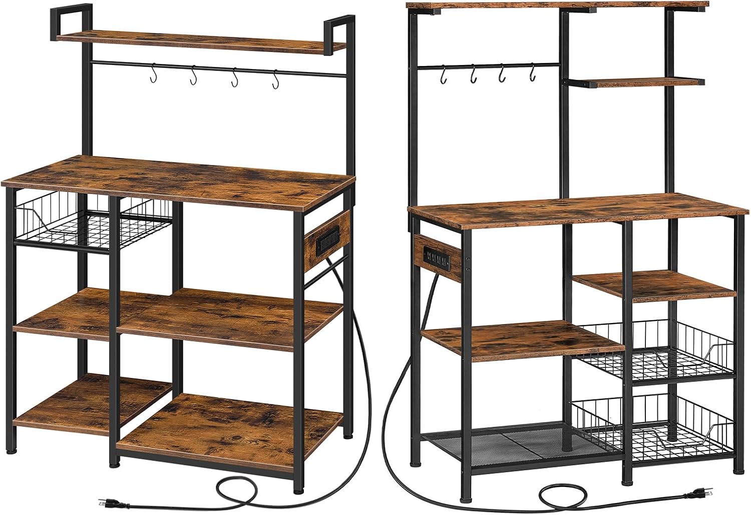 HOOBRO Bakers Rack with Power Outlet and Large Microwave stand with Power Outlets, 35.4 In Coffee Bar with Mesh Basket, Kitchen Shelf with Wire Basket, Rustic Brown and Black BF05HB01-BF64UHB01