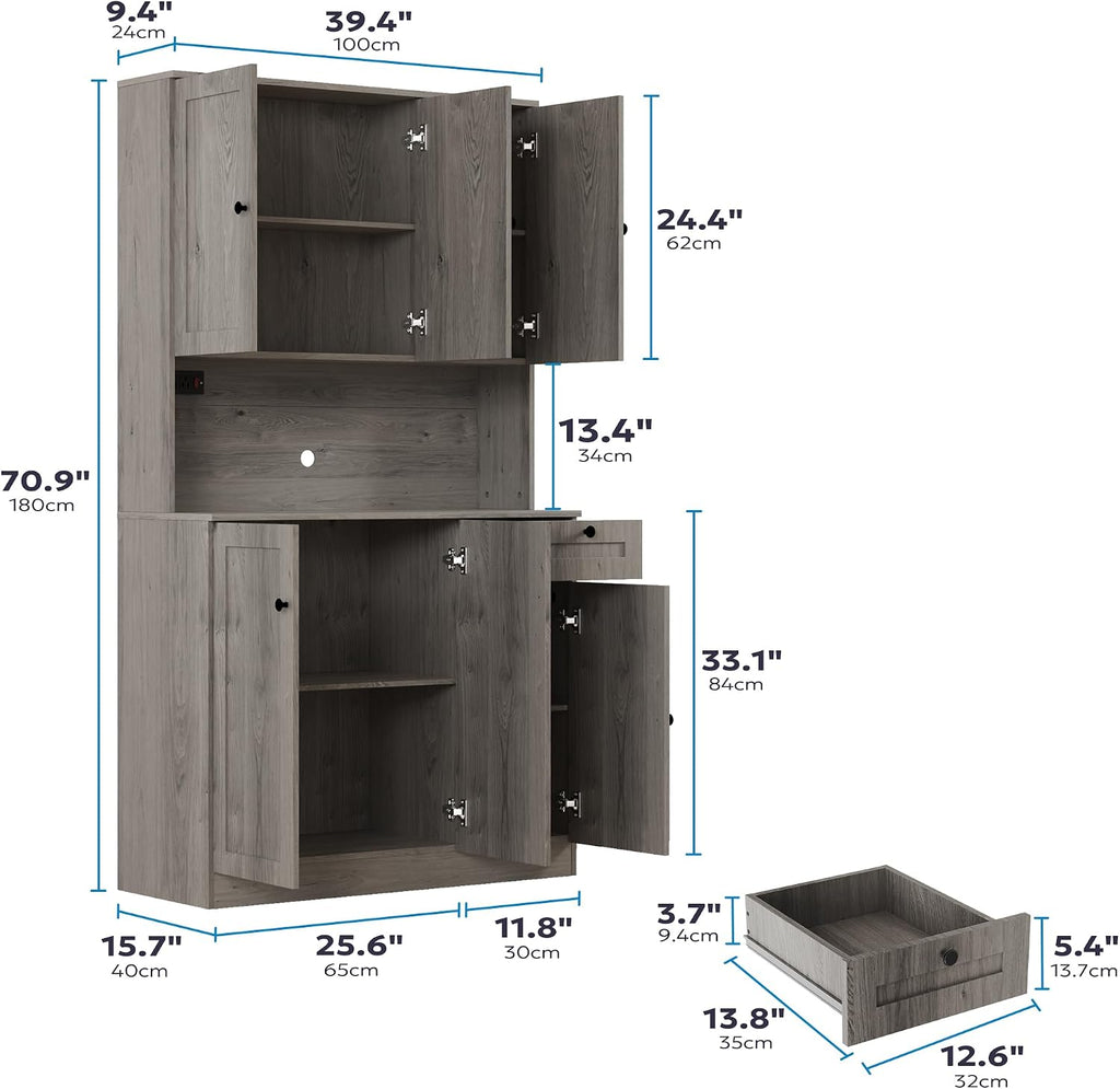Furnify 71' H Pantry Cabinet with Charging Station, Tall Kitchen Pantry Storage Cabinet with Microwave Stand, Farmhouse Kitchen Hutch with Storage Drawer for Living Room, Dining Room, Ash Grey