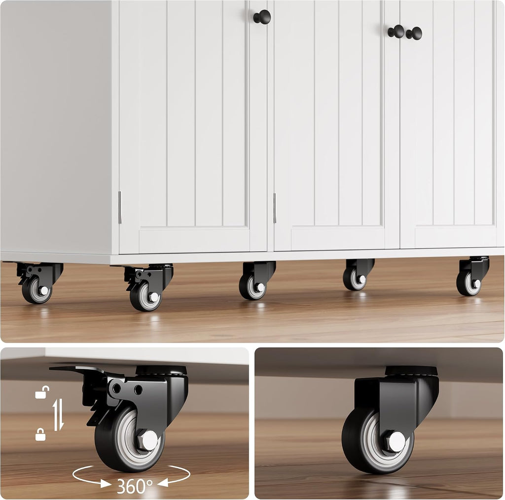 Ahomly Kitchen Island with Storage, Island Table for Kitchen with Drop Leaf, 5 Wheels, Interal Storage Rack, a Drawer, Spicy Rack and Towel Bar, Sufficient Countertop Space and Storage, White