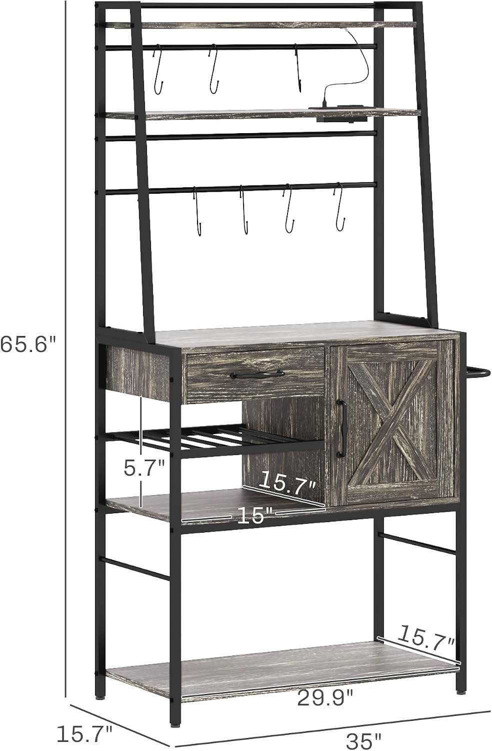 Rack with Power Outlet and LED Lights, Coffee Bar with Storage Shelves, Industrial Microwave Stand with Wine Bottle Rack, Drawer, Barn Door Cabinet, Distressed Gray