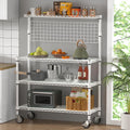 Leteuke 42 Inch Bakers Rack with Wheels, 4-Tier Microwave Stand Kitchen Shelves, NSF Certified Kitchen Storage Cart, Heavy Duty Utility Cart with 20 Hooks & Shelf Liners, 42× 18× 63 Inch, White
