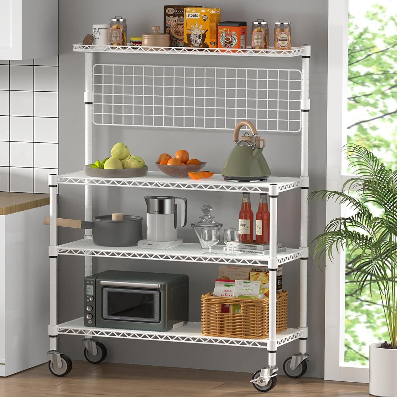 Leteuke 42 Inch Bakers Rack with Wheels, 4-Tier Microwave Stand Kitchen Shelves, NSF Certified Kitchen Storage Cart, Heavy Duty Utility Cart with 20 Hooks & Shelf Liners, 42× 18× 63 Inch, White