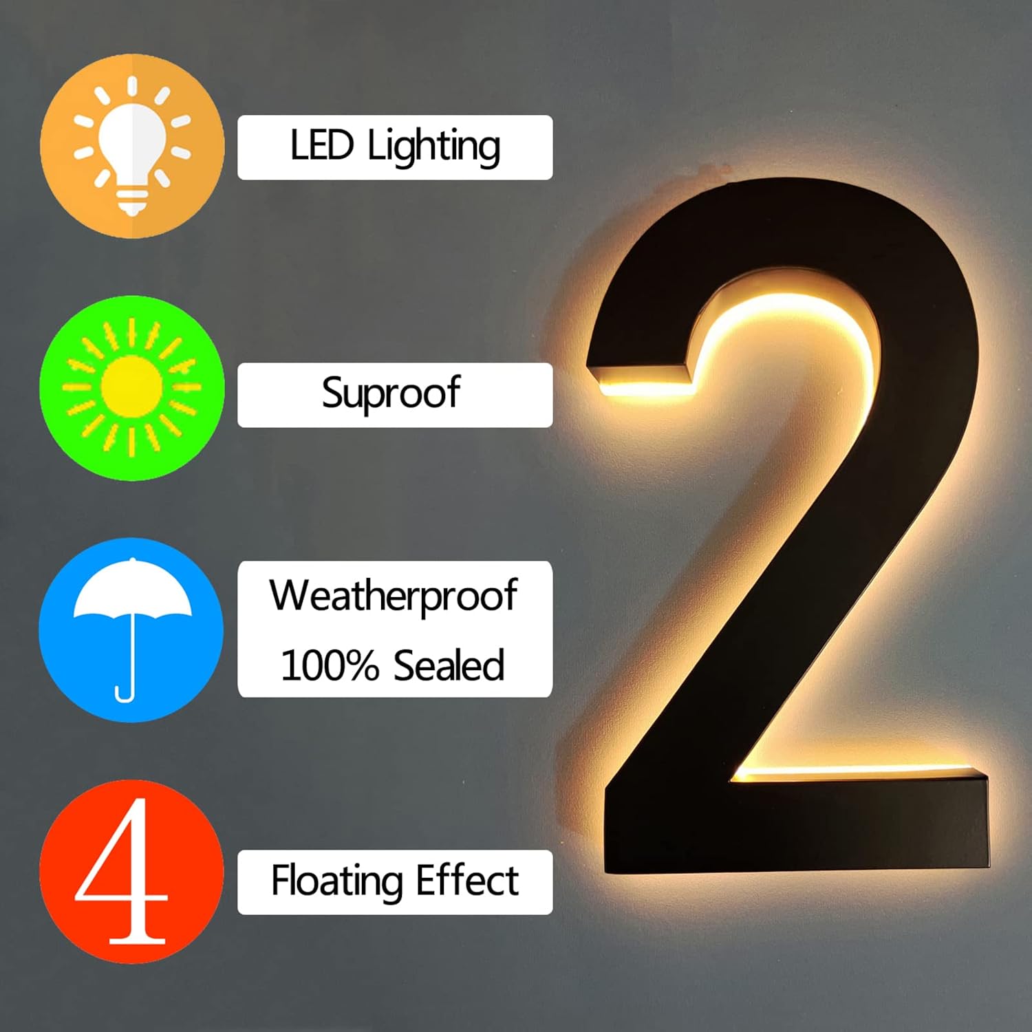 Modern Illuminated Address Numbers, 14' Backlit Floating LED House Number For Outside, Stainless Steel Light Up Home Address Number With Nail Kit,1