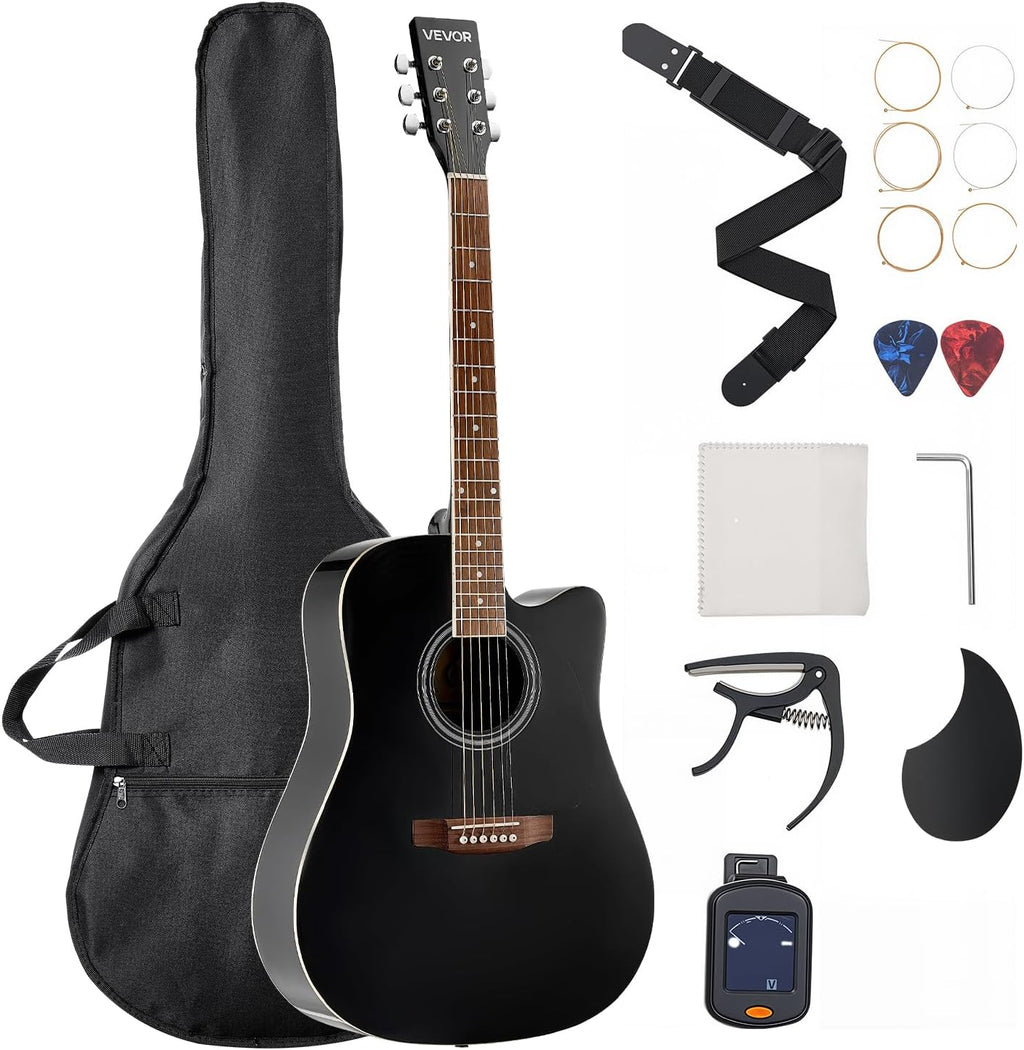 VEVOR Cutway Acoustic Guitar, 41 in, 6-String Black Solid Spruce Top Guitar, Beginner Bundle with Gig Bag, Tuner, Strap, Strings, Picks, Capo, Rosewood Fingerboard, for Adult Fingerstyle Solo Jazz