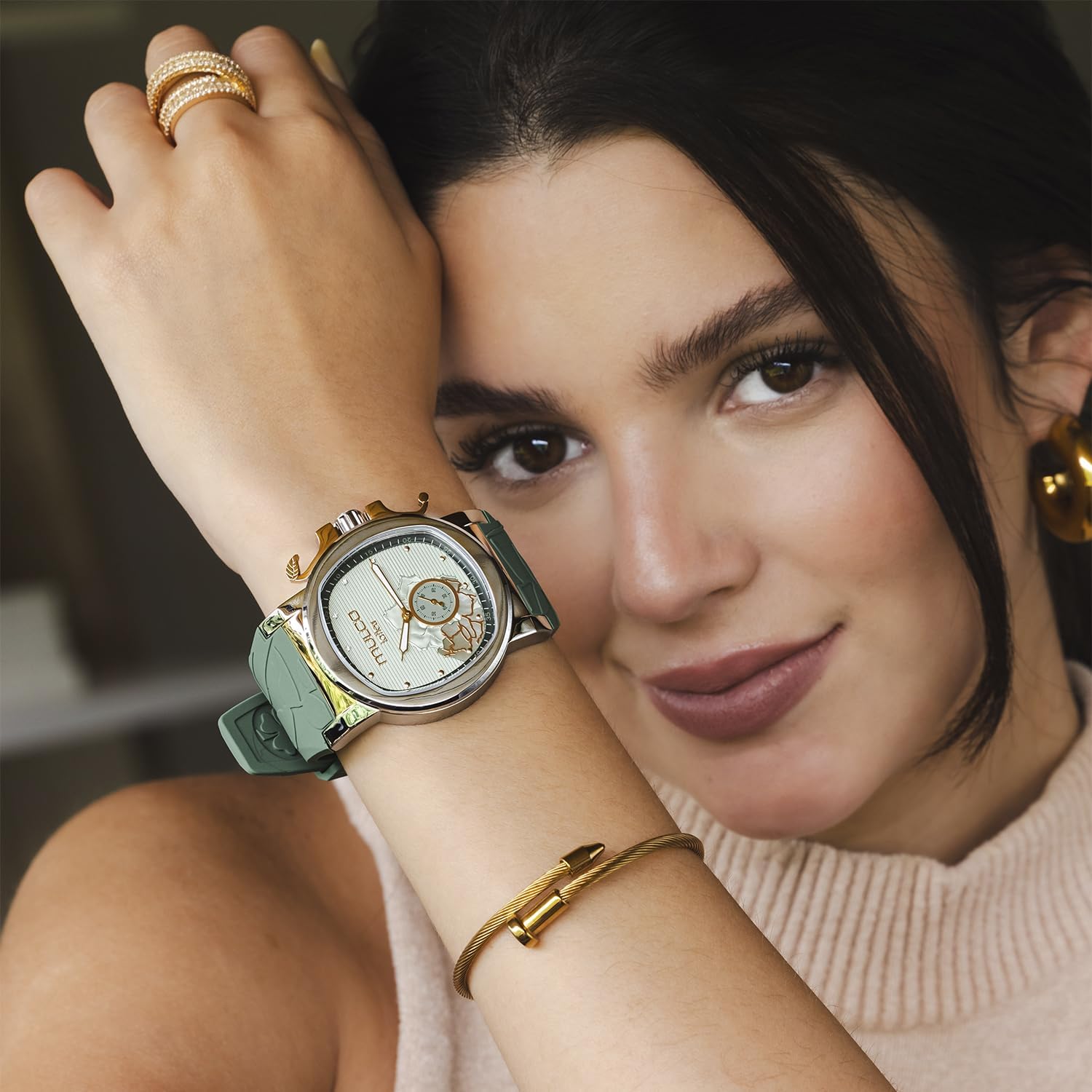 MULCO Le Fleur Gardenia Women's Watch – 43 mm Stainless-Steel Case, Rose-Gold Bezel, Mother-of-Pearl Dial with Crystal Accents, Pure Silicone Strap, Quartz Multifunction Movement, 10 ATM Waterproof