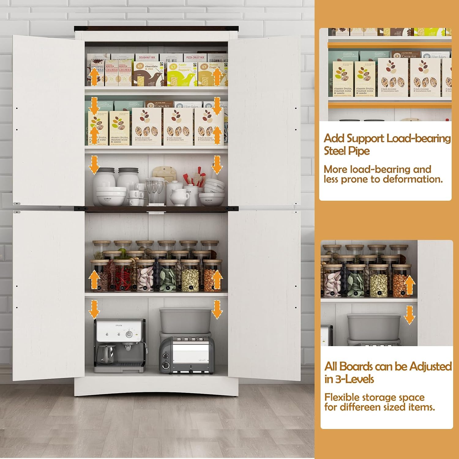 Hlivelood 71' Tall Kitchen Pantry,Farmhouse Storage Cabinet with Adjustable Shelves,Load-Bearing Steel Pipe,Farmhouse Pantry Cabinet with 4 Barn Doors,for Kitchen,Dining Room,Living Room(Rustic White)