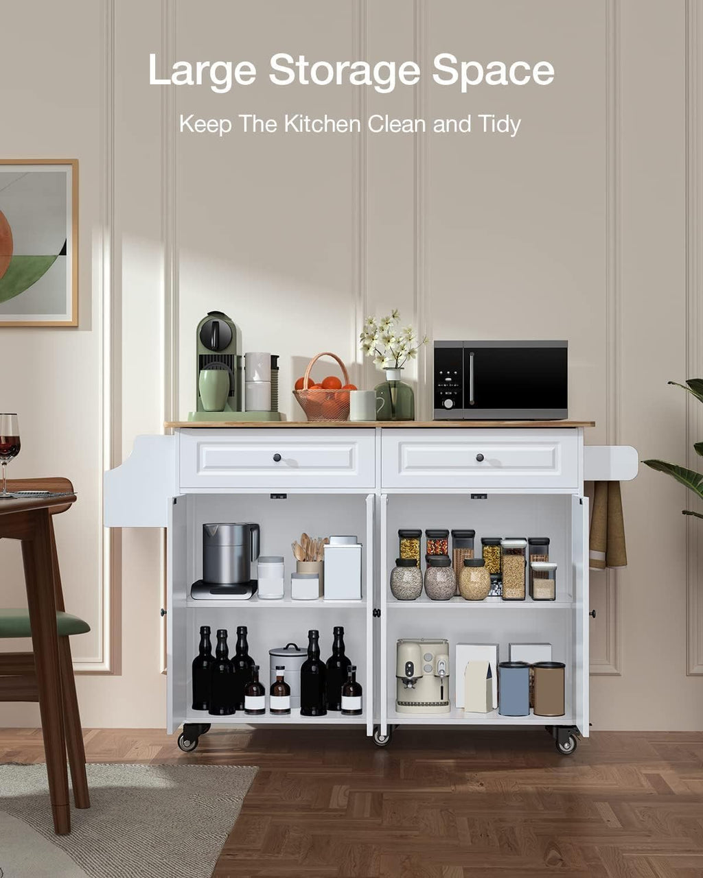 QSun Kitchen Island on Wheels Kitchen Cart with Rubber Wood Top, Mobile Kitchen Island with Double Storage Cabinet and Drawers, Island Table for Kitchen (White)