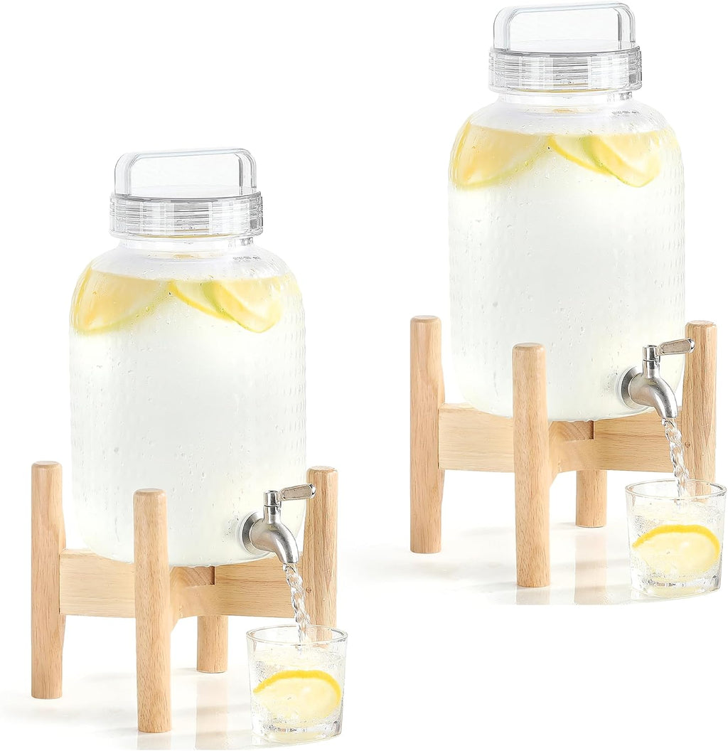 EGGKITPO 2 Pack 1.5 Gallon Drink Dispensers for Parties Hosting Wedding Beverage Dispenser with Wood Stand and Spigot, BPA-Free Polycarbonate Lemonade Container for Halloween Home Buffet Iced Tea