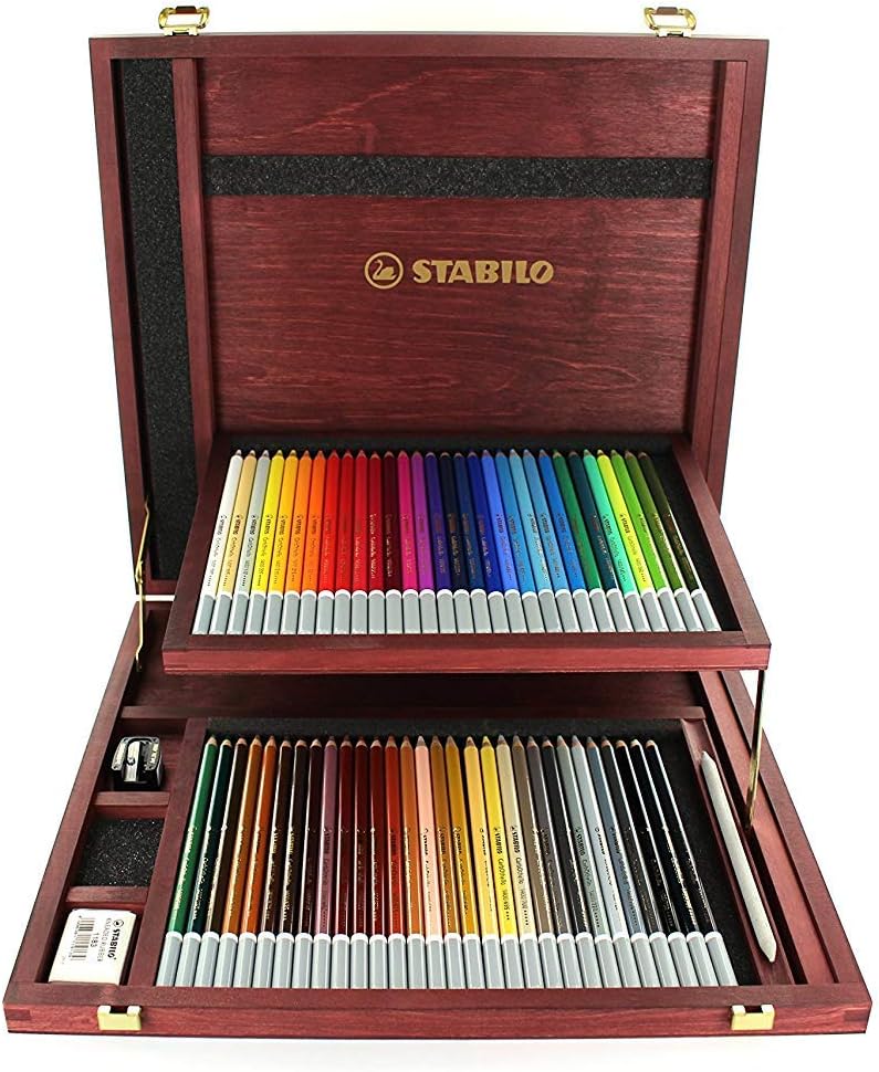 STABILO - CarbOthello - Chalk-Pastel Pencil - Wooden Box of 60 - Assorted colors with Sharpener, Kneaded Eraser and Blending Stump