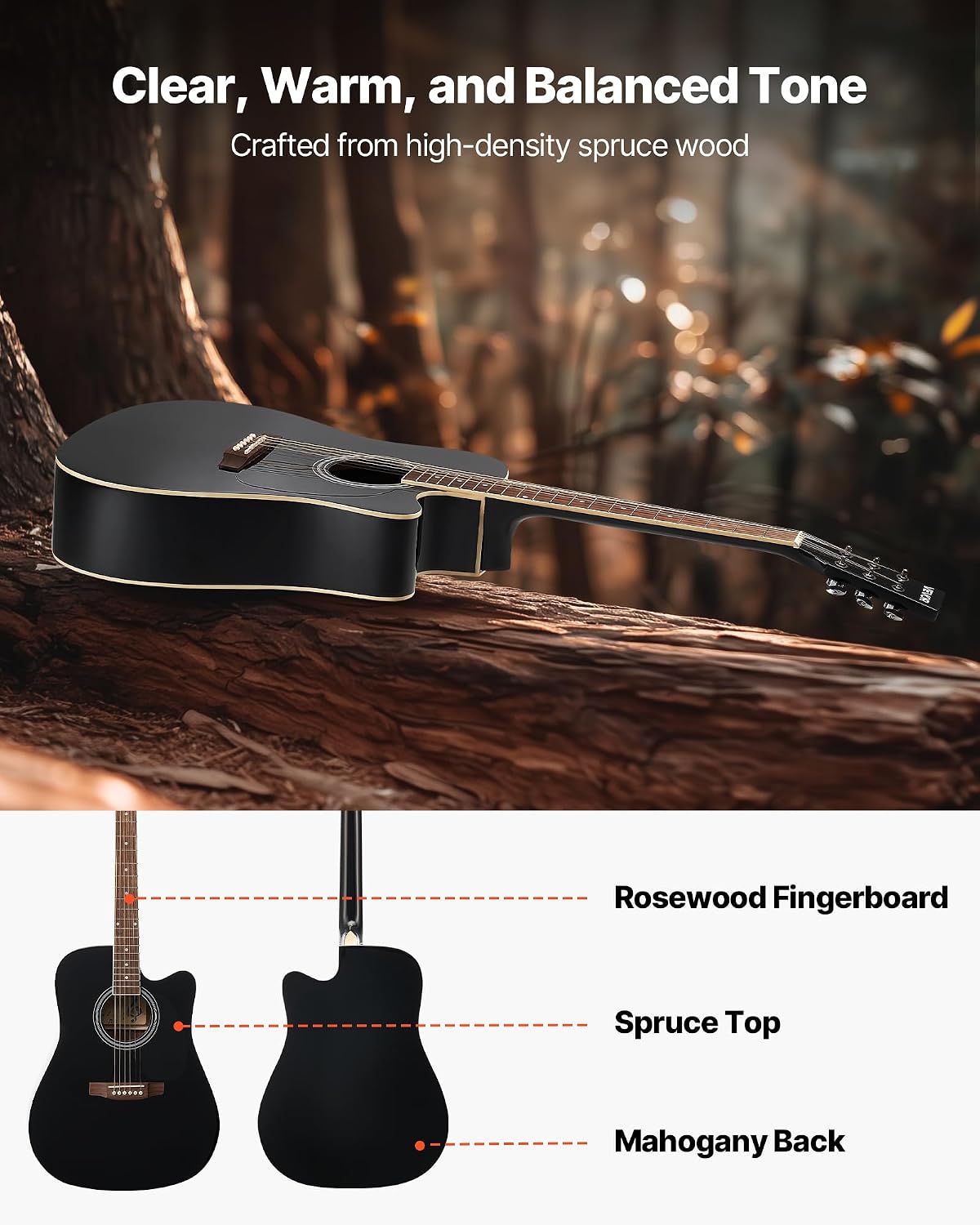 VEVOR Cutway Acoustic Guitar, 41 in, 6-String Black Solid Spruce Top Guitar, Beginner Bundle with Gig Bag, Tuner, Strap, Strings, Picks, Capo, Rosewood Fingerboard, for Adult Fingerstyle Solo Jazz