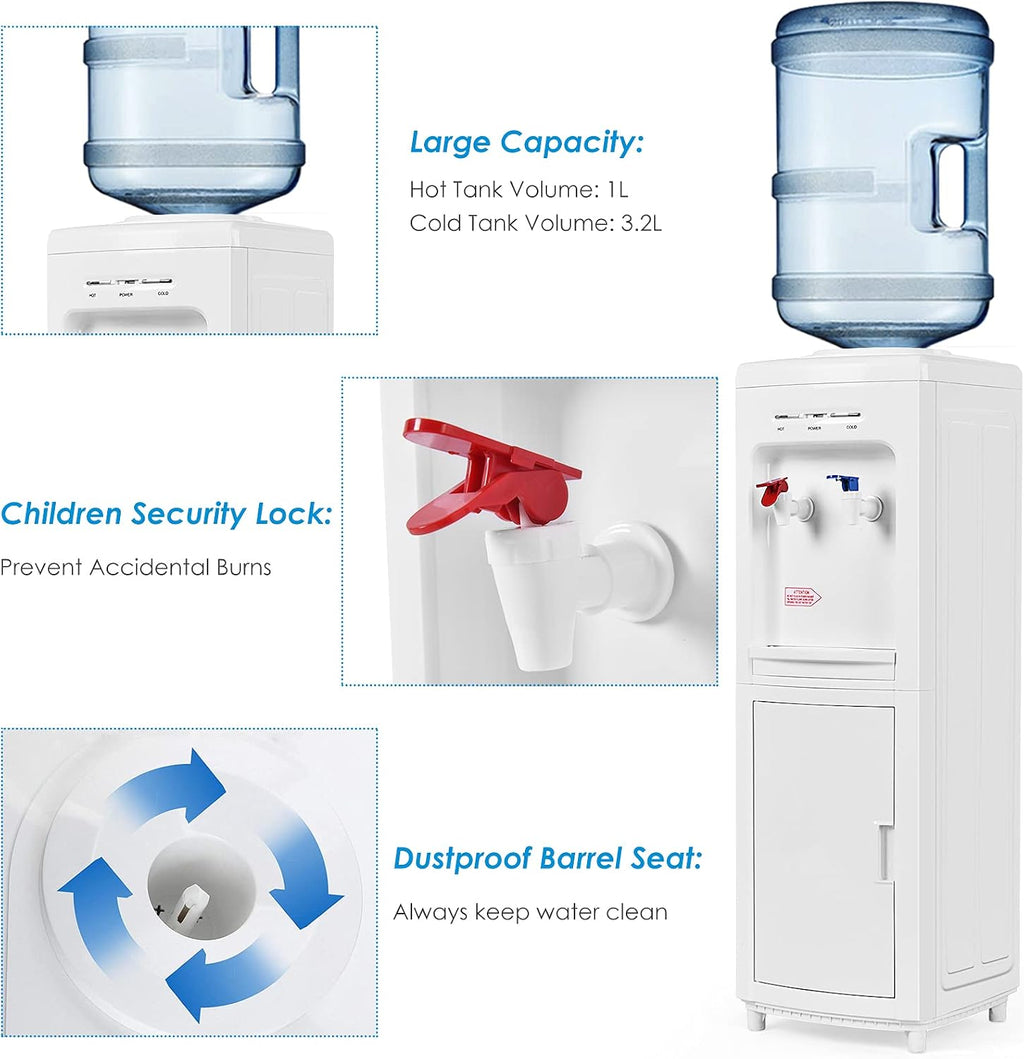 GOFLAME Water Cooler Dispenser Top Loading, Water Dispenser with Hot & Cold Water, Storage Cabinet, Child Safety Lock, Holds 3-5 Gallon Bottles for Home Office Dorm