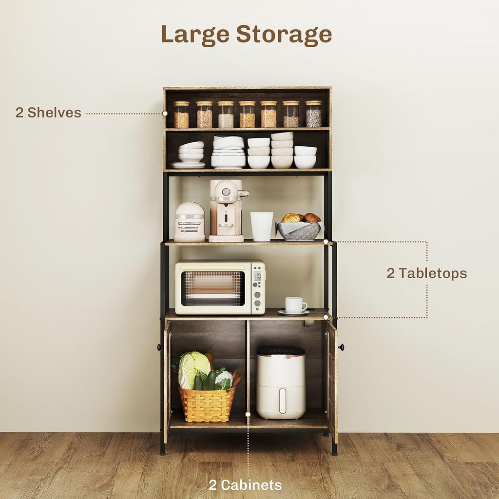 Bake Rack with Power Outlet, Kitchen Microwave Rack with Storage Space, Two Ac Outlets and Two U+B Ports, Rustic Brown (Gray)