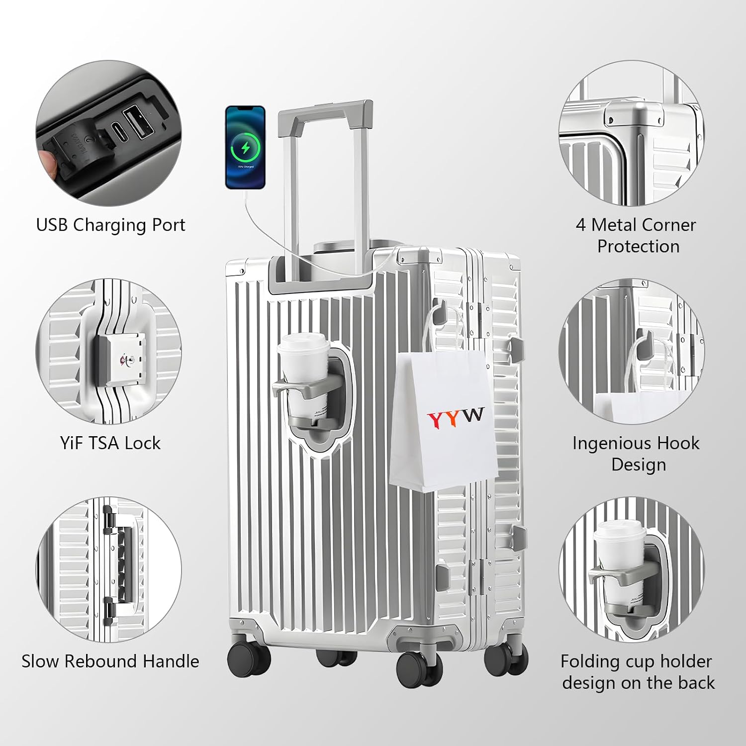 YYW All Aluminium Luggage With Spinner Wheels Lightweight PC hardside Rolling Suitcase, Built-In TSA lock Carry on Suitcase, with Cup Holder, USB Port, Phone Holder (Silver,24inch/39x25x65cm)