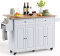QSun Kitchen Island on Wheels Kitchen Cart with Rubber Wood Top, Mobile Kitchen Island with Double Storage Cabinet and Drawers, Island Table for Kitchen (White)