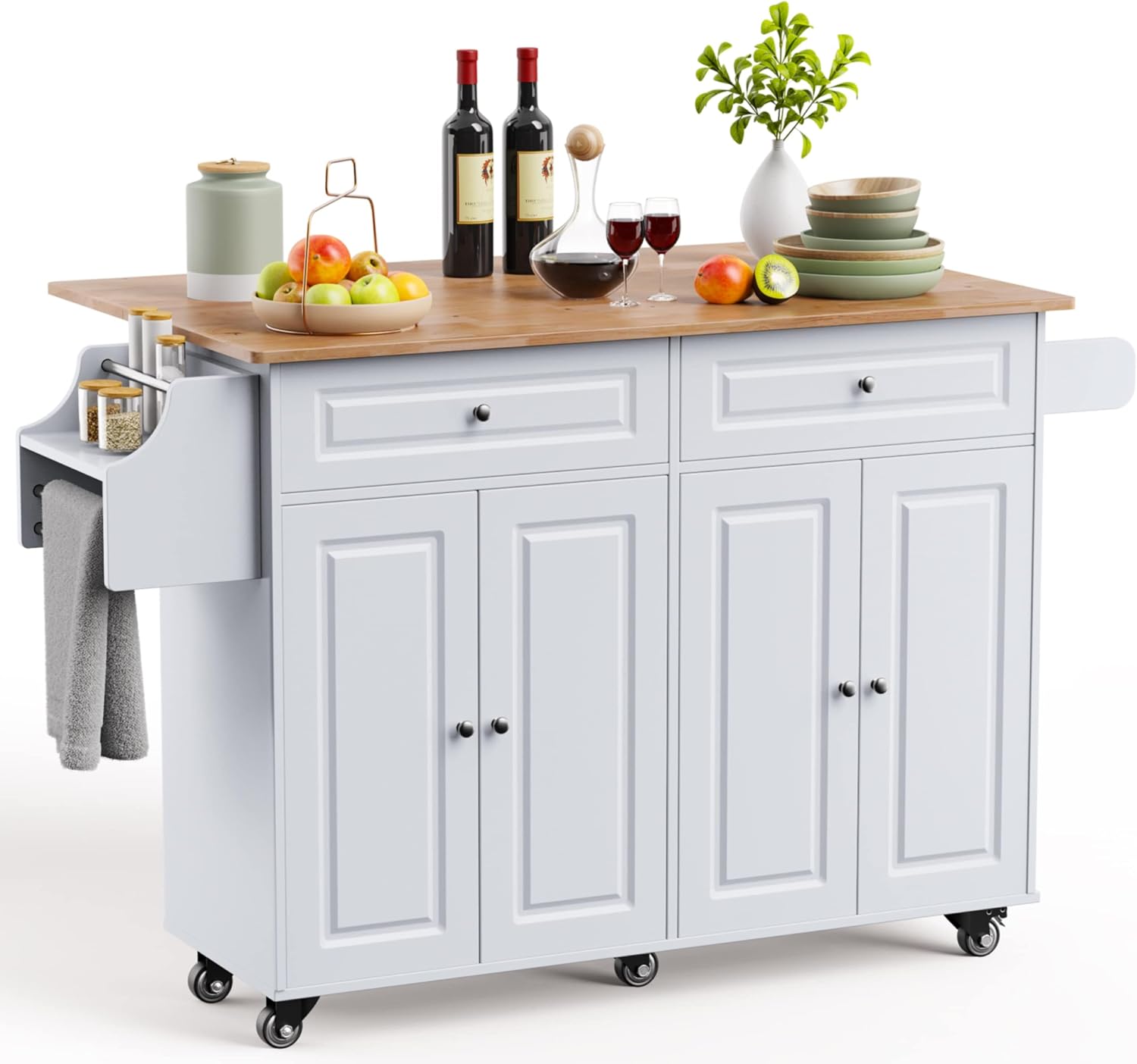 QSun Kitchen Island on Wheels Kitchen Cart with Rubber Wood Top, Mobile Kitchen Island with Double Storage Cabinet and Drawers, Island Table for Kitchen (White)