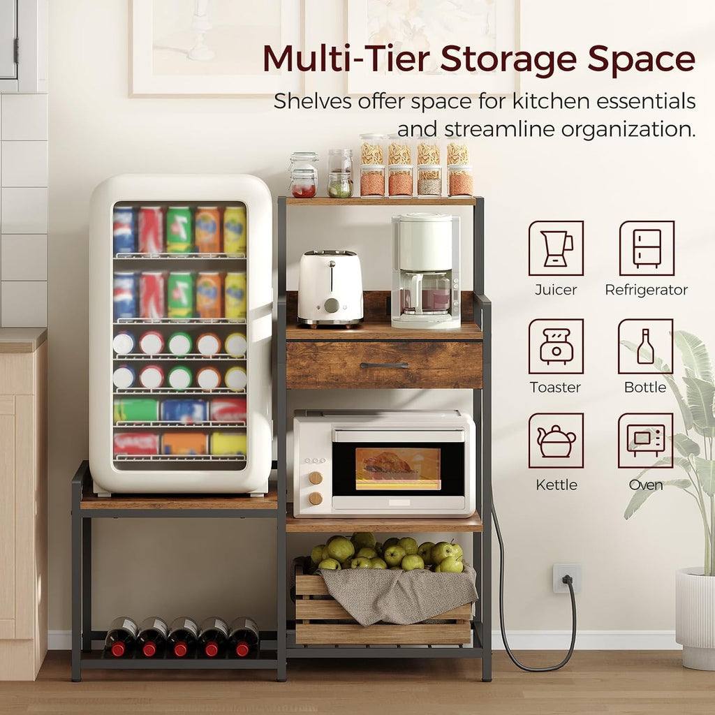 MAHANCRIS Bakers Rack and Mini Fridge Stand Bundle, Bakers Rack with Storage Shelves, Cofffee Bar Station with Wine Rack, Microwave Stand, Mini Fridge Cabinet for Kitchen, BRHR40E01N1-RSHR58E01