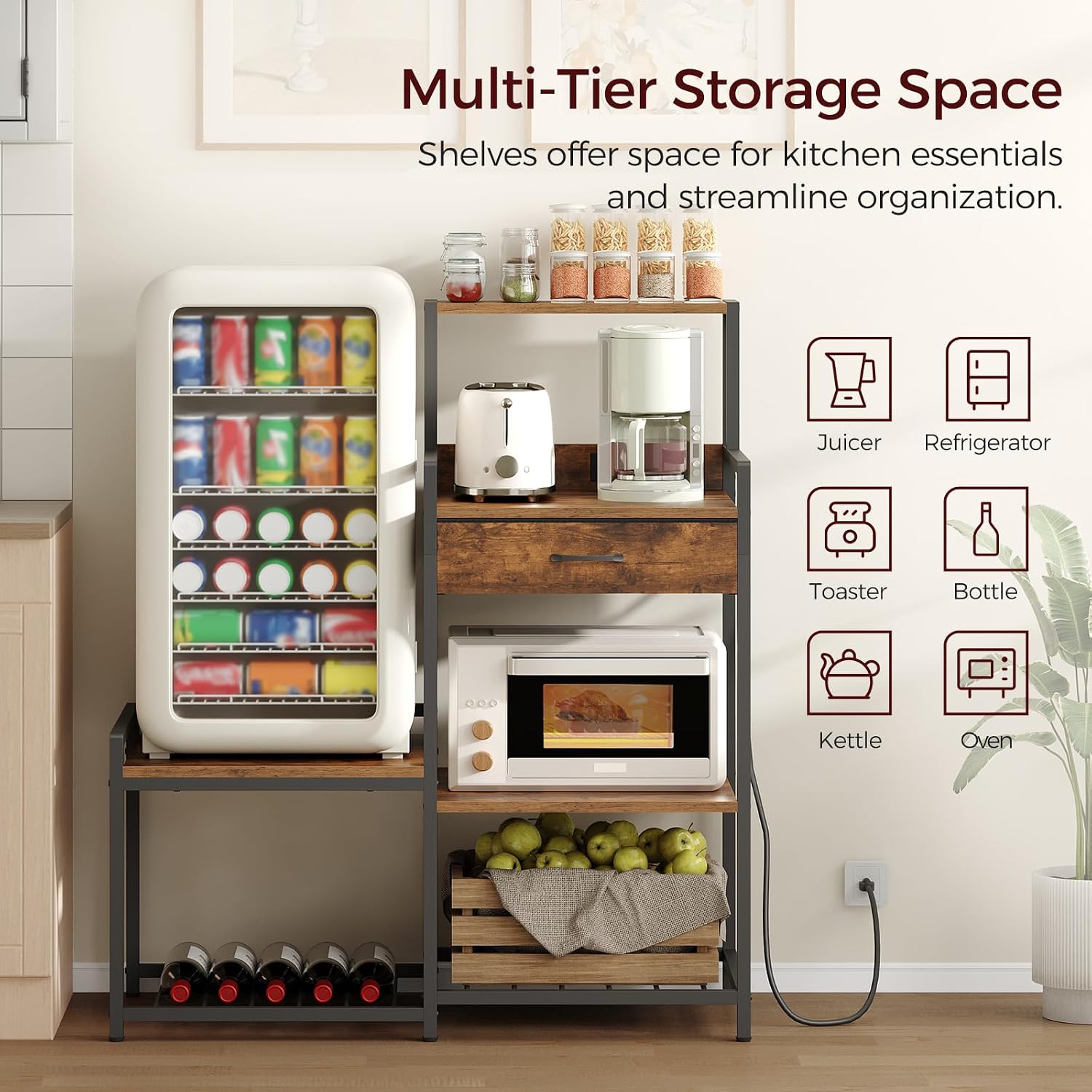 MAHANCRIS Bakers Rack and Mini Fridge Stand Bundle, Bakers Rack with Storage Shelves, Cofffee Bar Station with Wine Rack, Microwave Stand, Mini Fridge Cabinet for Kitchen, BRHR40E01N1-RSHR58E01