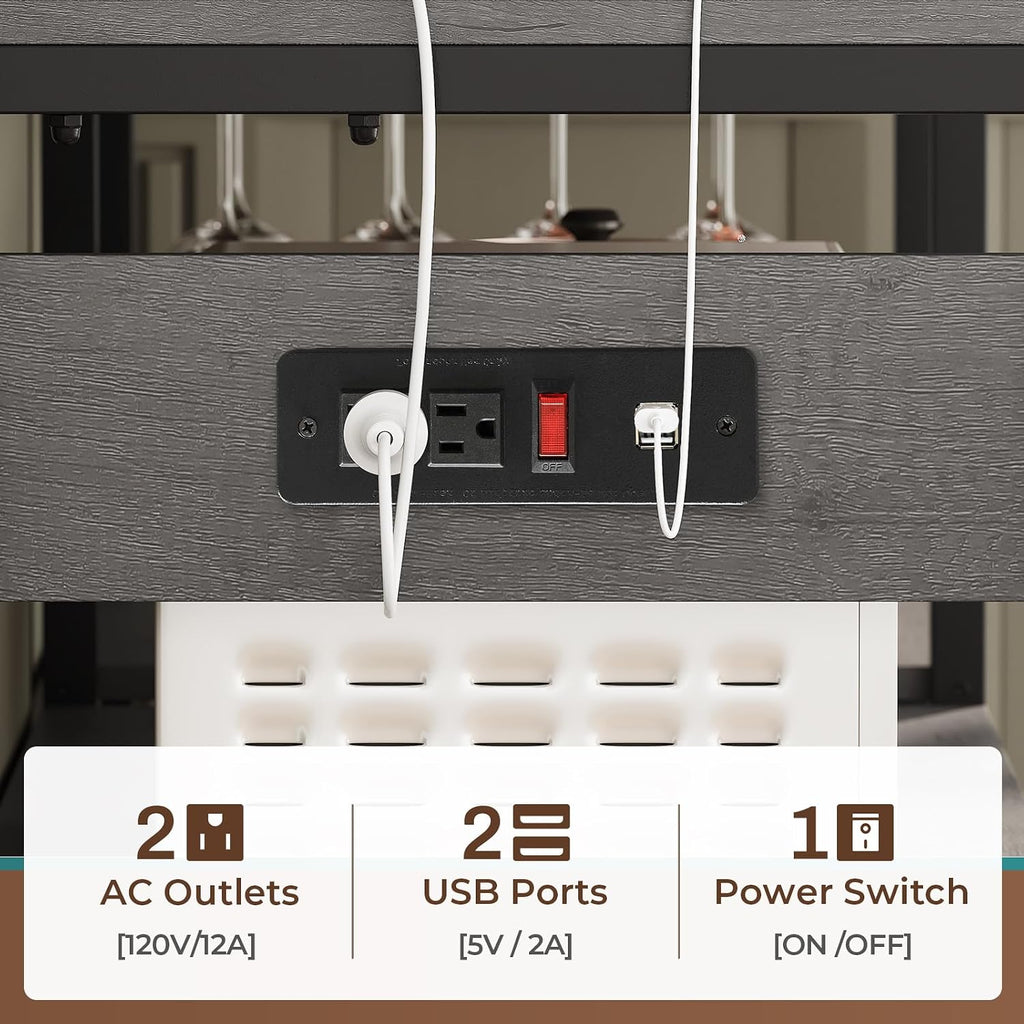 Itaar Bakers Rack with Power Outlet and LED Light, 45.3 Inch Farmhouse Coffee Bar Cabinet, Kitchen Microwave Stand with Storage, Glass Cabinet, Goblet Holder and 8 Hooks (Grey)