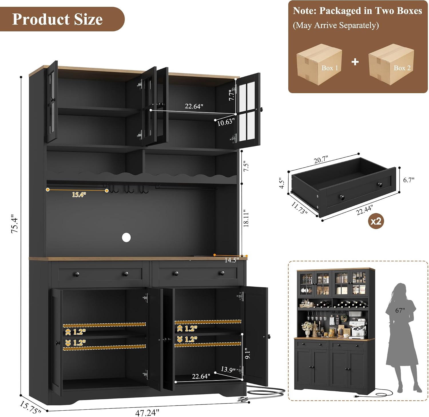 HOSTACK 75.4' Tall Kitchen Pantry Cabinet with Charging Station, Modern White Kitchen Hutch with Microwave Stand and Wine Rack, Large Food Pantry Storage Cabinet with Glass Doors and Drawers, Black