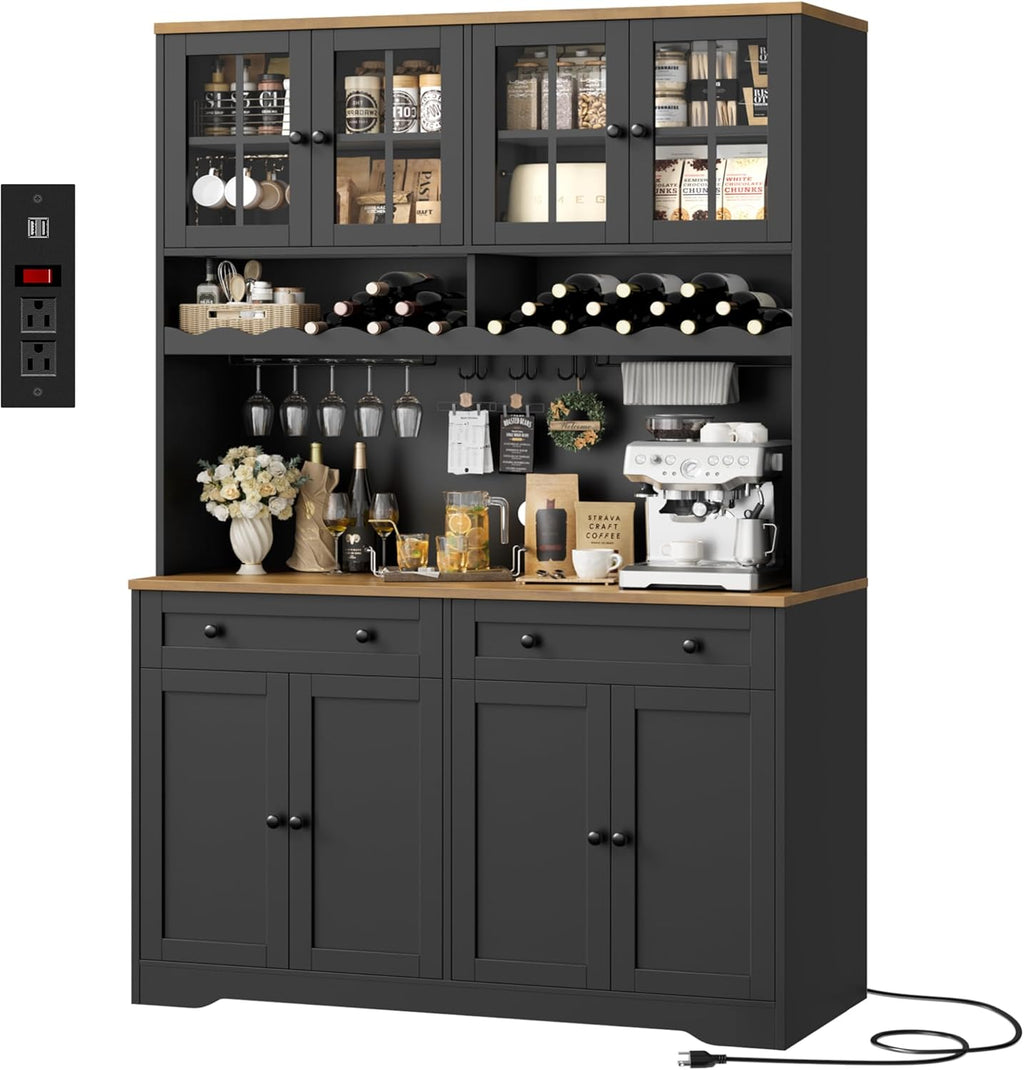 HOSTACK 75.4' Tall Kitchen Pantry Cabinet with Charging Station, Modern White Kitchen Hutch with Microwave Stand and Wine Rack, Large Food Pantry Storage Cabinet with Glass Doors and Drawers, Black