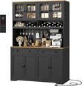 HOSTACK 75.4' Tall Kitchen Pantry Cabinet with Charging Station, Modern White Kitchen Hutch with Microwave Stand and Wine Rack, Large Food Pantry Storage Cabinet with Glass Doors and Drawers, Black