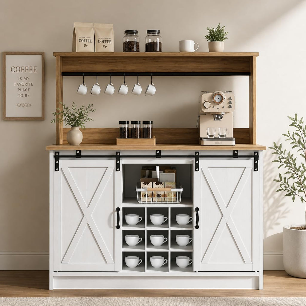 4ever2buy Farmhouse Coffee Bar Cabinet with Hutch, 47 Inch Buffet Cabinet with Storage, White Wine Bar with 9 Wine Racks and 6 Hooks, Coffee Bar Table with Adjustable Shelves for Living Dining Room