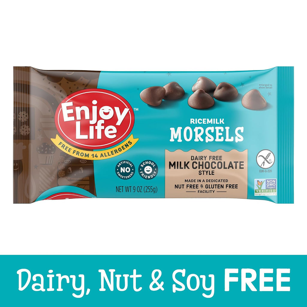 Enjoy Life Ricemilk Baking Morsels Milk Chocolate Flavor, Gluten Free, School Safe, Non GMO, Dairy Free, Soy Free, Vegan, Nut Free Chocolate, 12 Bags (9 oz) Bulk Chocolate