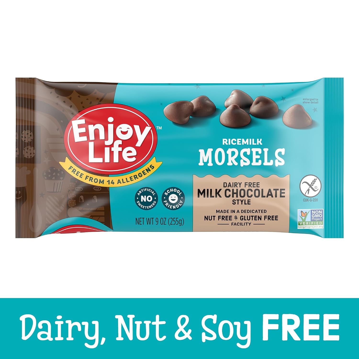 Enjoy Life Ricemilk Baking Morsels Milk Chocolate Flavor, Gluten Free, School Safe, Non GMO, Dairy Free, Soy Free, Vegan, Nut Free Chocolate, 12 Bags (9 oz) Bulk Chocolate
