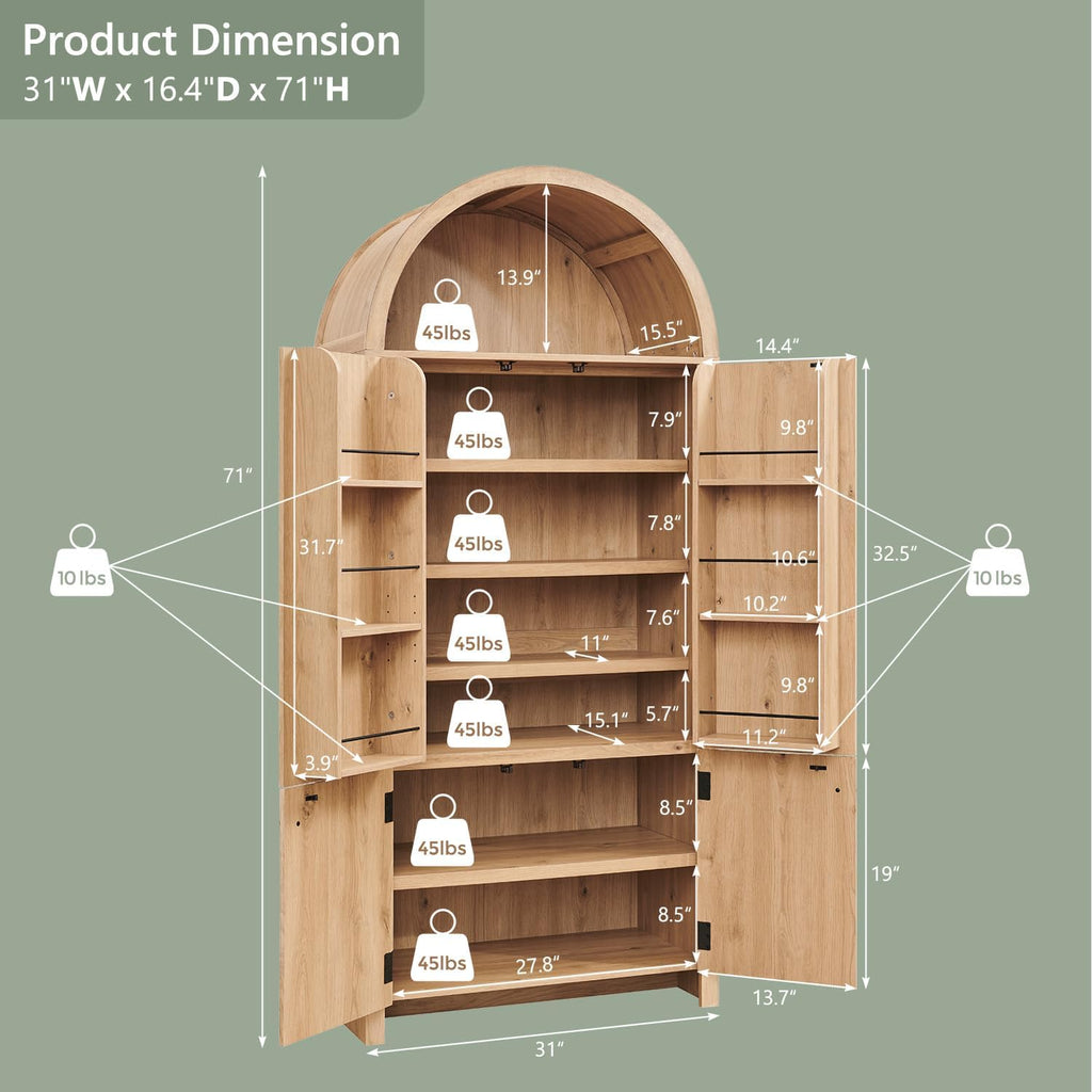 IFGET 71' Tall Arched Kitchen Pantry, Modern Fluted Wood Storage Cabinet with Doors, 3 Adjustable Shelves, 6 Door Shelves, Organizer, Versatile Cupboard for Kitchen, Bathroom, Natural