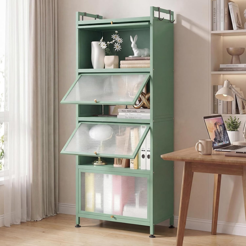 MAT EXPERT 5-Tier Kitchen Storage Cabinet, Freestanding Appliance Cabinet on Wheels with Flip Door & Anti-Topping Device, Kitchen Pantry Bakers Rack for Living Room, Study (Green)