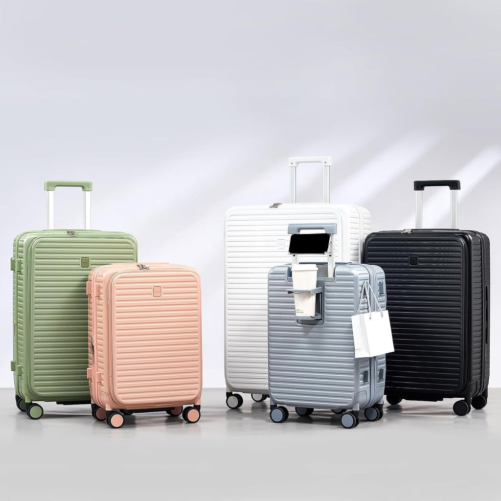 HanTrip Hard Shell Expandable Luggage Sets 2 Piece with Spinner Wheels Cup Holder, Top Opening Lightweight Luggage Rolling Suitcase, Carry On And Checked Luggage Set 2 Piece (Bamboo Green, 20/28)