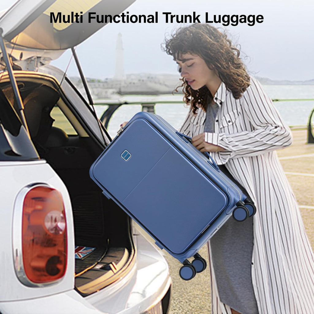 Hanke 24 Inch Checked Luggage with Cup Holder and USB Ports,Top Opening Hard Shell Suitcase with Wheels,Aluminum Frame Trunk Luggage with Foldable Dividers & TSA Lock for Travel, Interstellar Blue