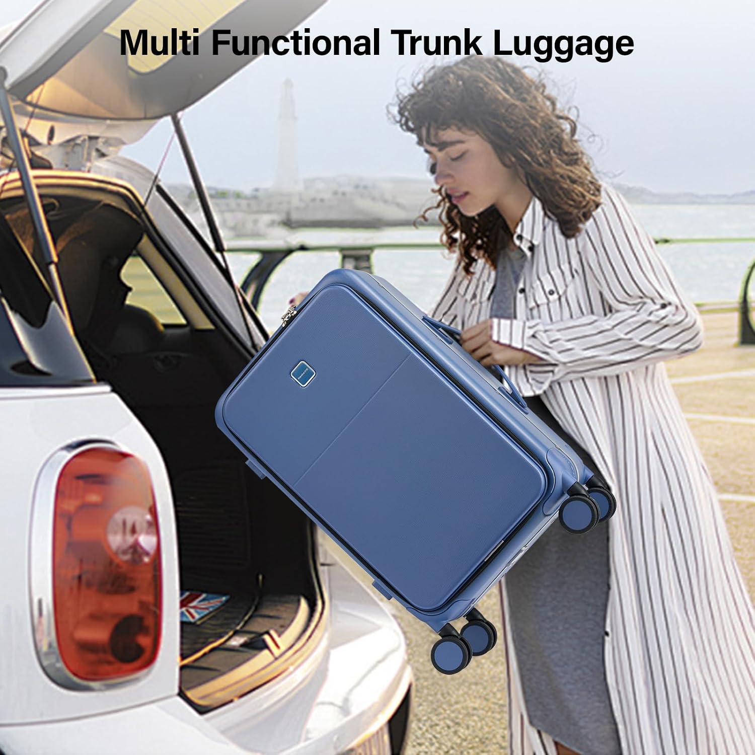 Hanke 24 Inch Checked Luggage with Cup Holder and USB Ports,Top Opening Hard Shell Suitcase with Wheels,Aluminum Frame Trunk Luggage with Foldable Dividers & TSA Lock for Travel, Interstellar Blue