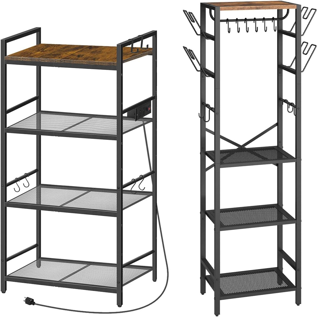 MAHANCRIS Bakers Rack with Power Outlet and 4-Tier Pot Rack Bundle, Pots and Pans Organizerand for Kitchen, BRHR40E01N1-POHR3001