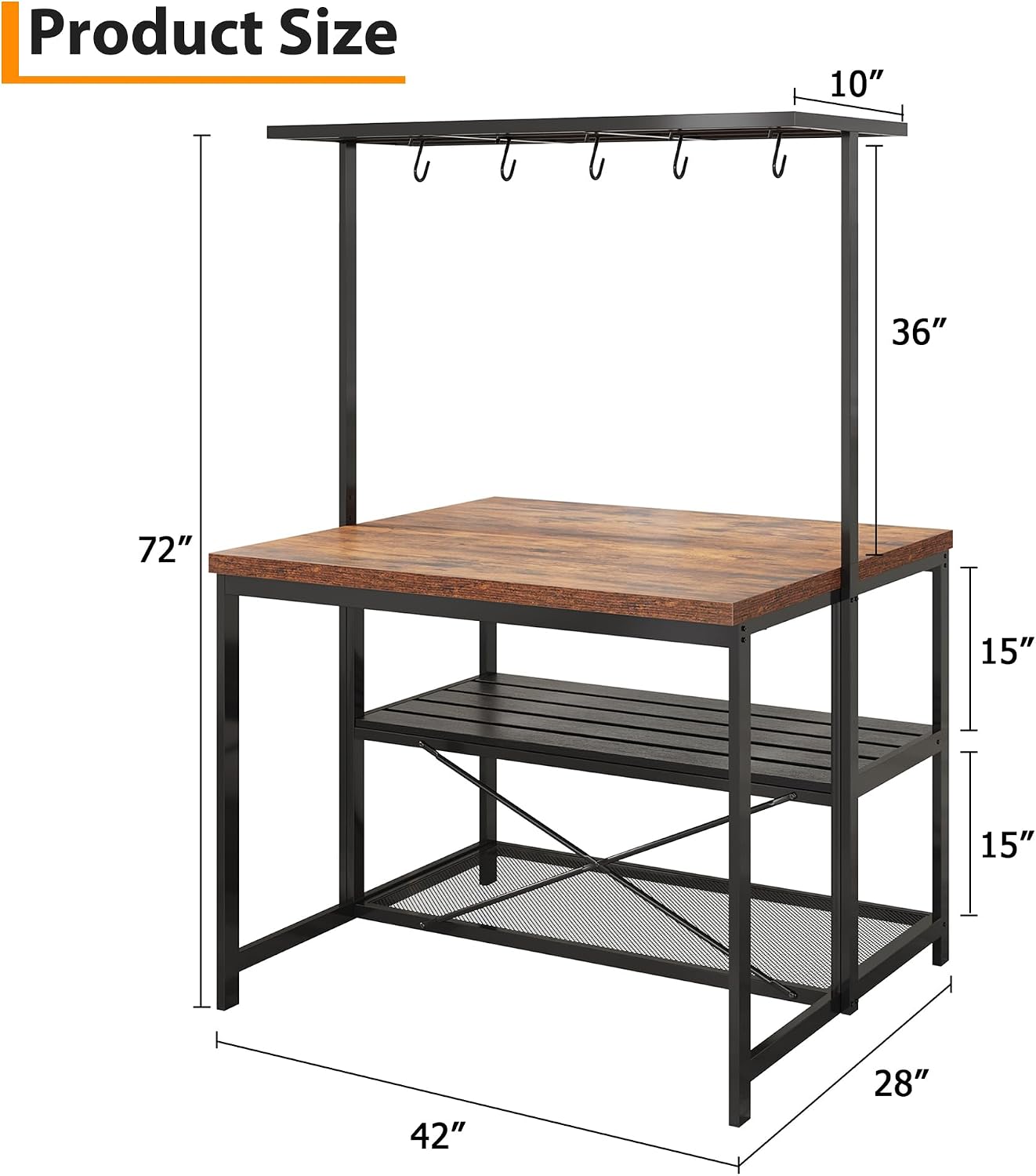 42' Kitchen Island with Storage, Multi-Functional Coffee Bar Station - 3-Tier Bakers Rack with Heavy Duty Steel Frame for Small Spaces (Farmhouse Style, Retro Color)