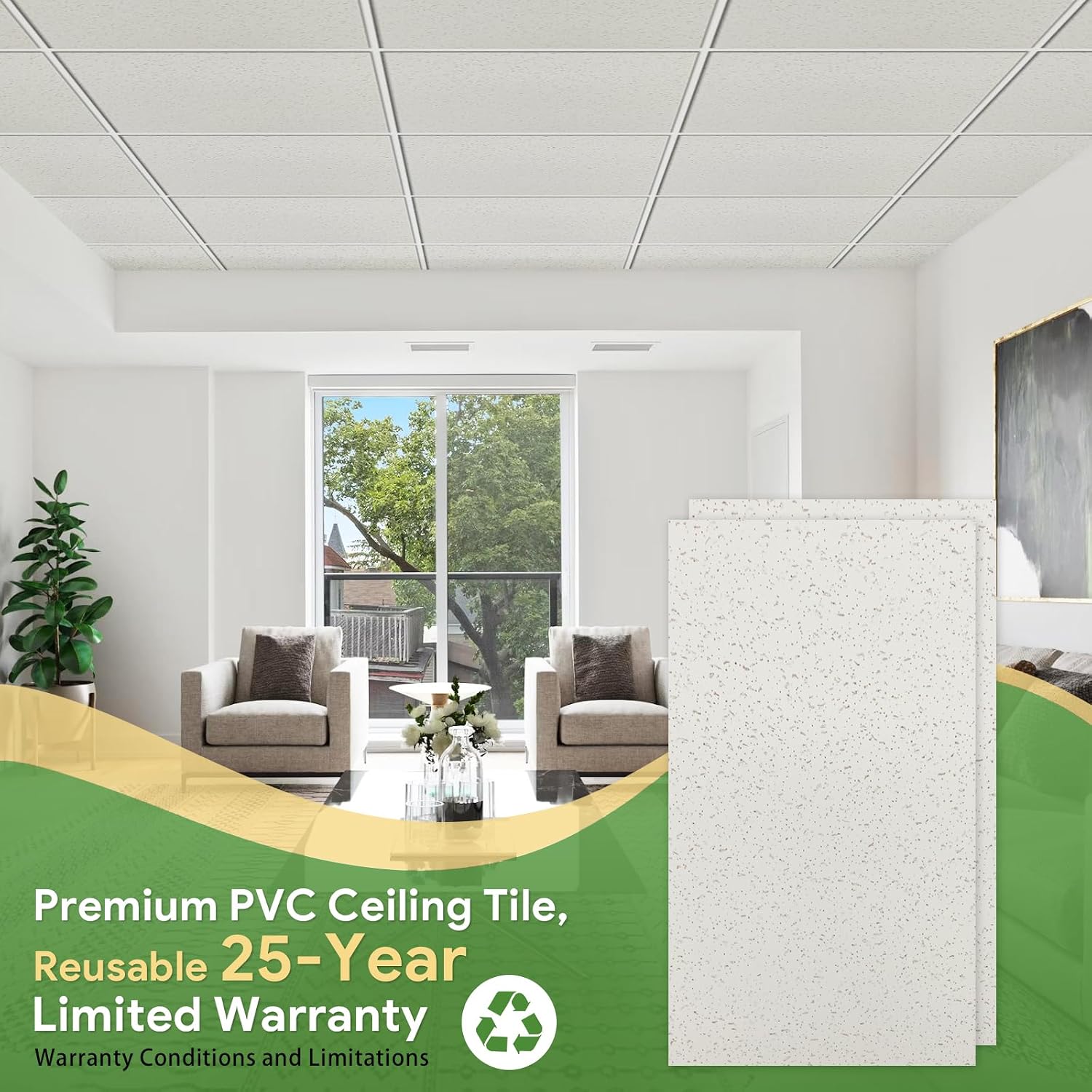 Fasarxiu 2ft x 4ft Printed Pro Ceiling Tiles Waterproof, Washable and Fire-Rated- High-Grade PVC Ceiling Tiles 24'x48' - Easy Drop-in Installation - Case of 10 (80 sq. ft.)