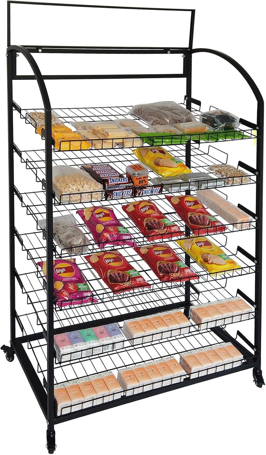 TONGMO Bakery Display Rack: Equipped with Wheels and Header Holder, 39.5' Wide Potato Chip Display Rack, 6 Shelves Snack Rack Display.(39.5', 6-Shelves, Black)