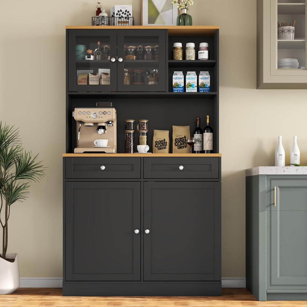 Tall Pantry Cabinet, Modern Kitchen Hutch with Microwave Stand, Kitchen Pantry Storage Cabinet with 2 Darwers & Door Shelf, Food Pantry with Glass Doors & Adjustable Shelves for Dining Room, Black
