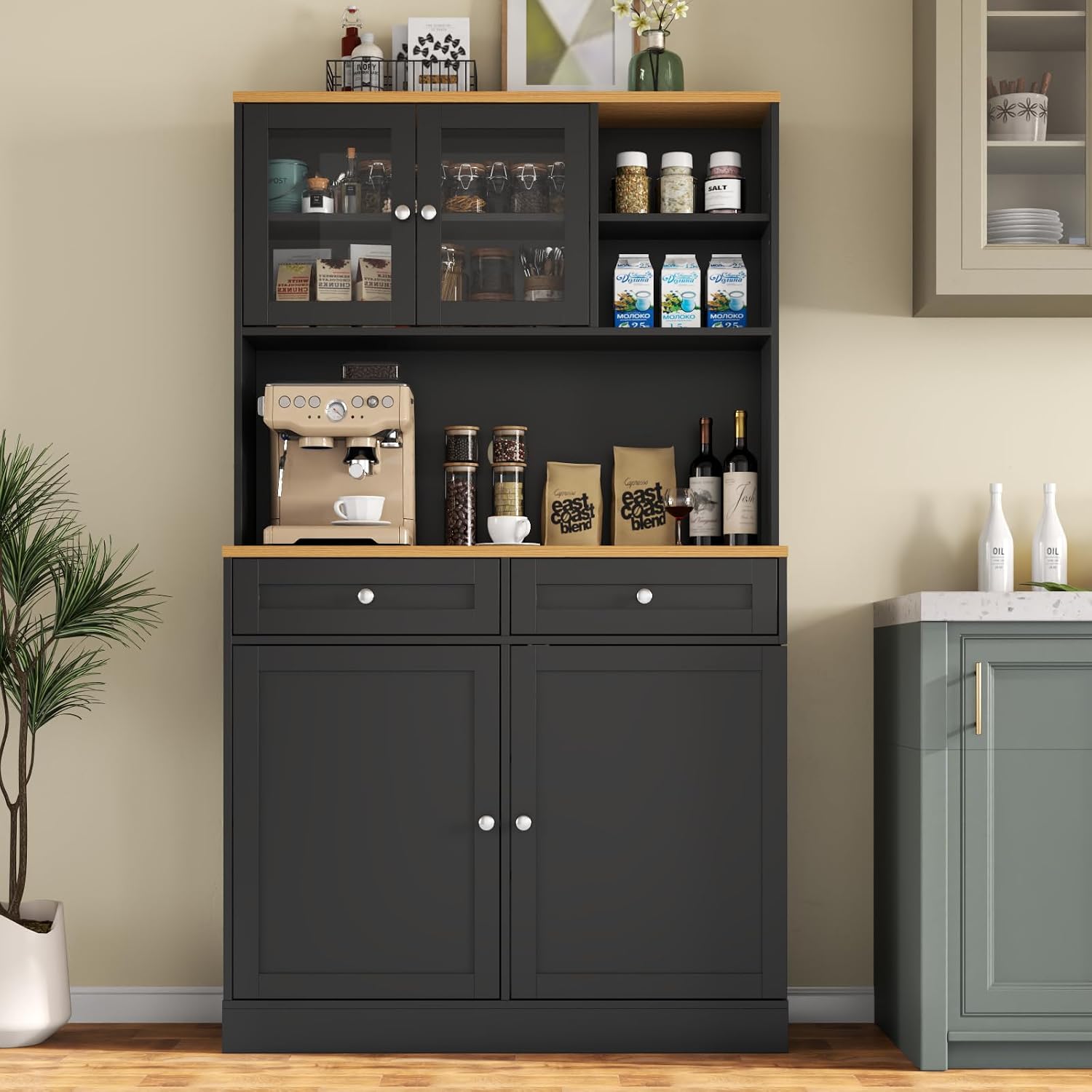 Tall Pantry Cabinet, Modern Kitchen Hutch with Microwave Stand, Kitchen Pantry Storage Cabinet with 2 Darwers & Door Shelf, Food Pantry with Glass Doors & Adjustable Shelves for Dining Room, Black