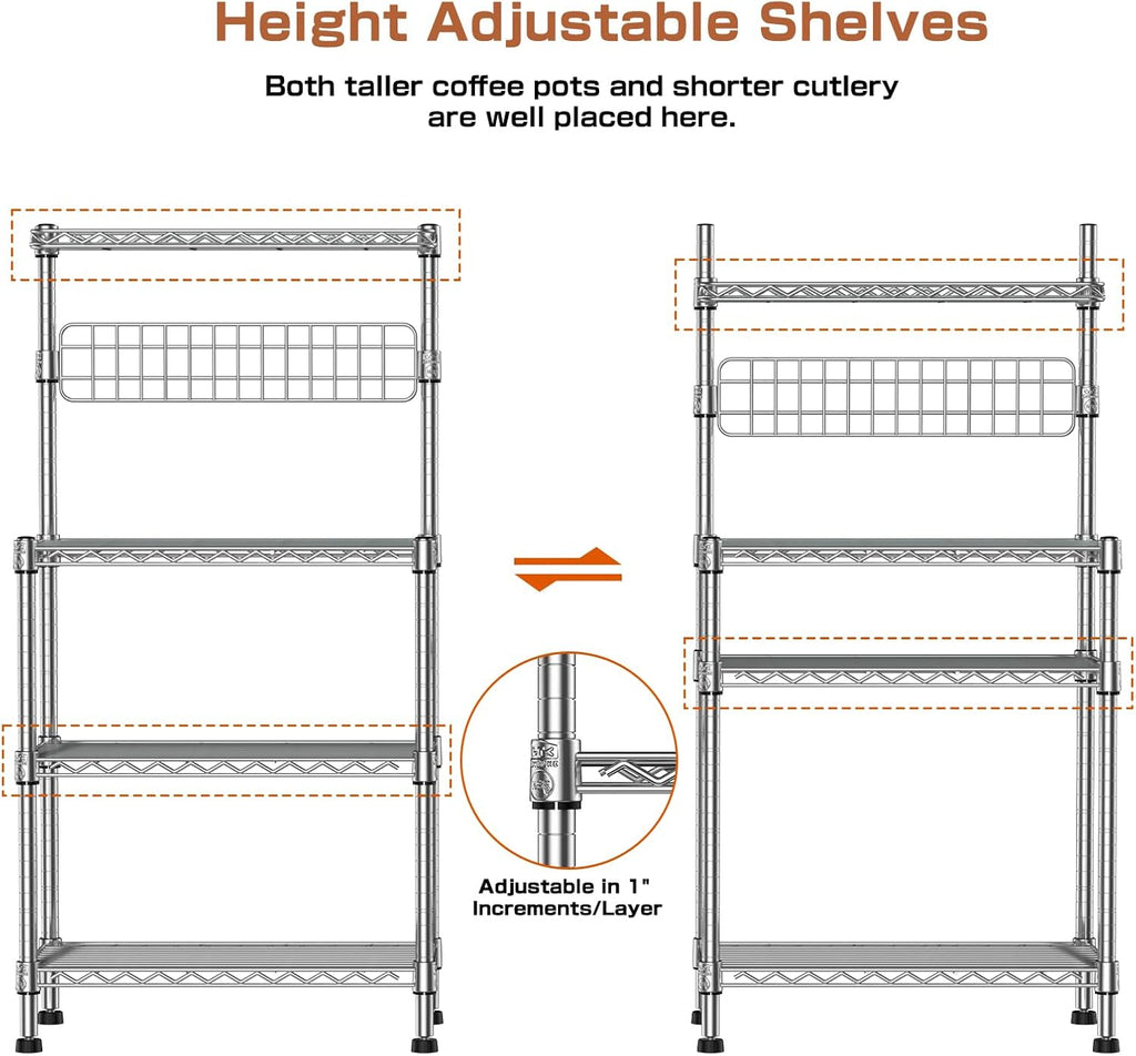 Leteuke Bakers Rack for Kitchen with Storage, NSF Certified 4-Tier Adjustable Coffee Bar with Wheels 10 S-Hooks Microwave Stand Kitchen Storage Shelf Metal Storage Rack 30 x 14 x 59 Inches, Chrome