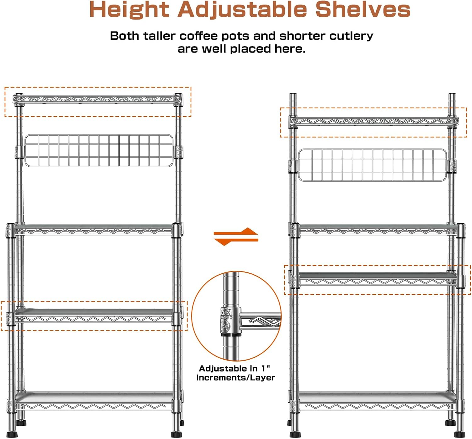 Leteuke Bakers Rack for Kitchen with Storage, NSF Certified 4-Tier Adjustable Coffee Bar with Wheels 10 S-Hooks Microwave Stand Kitchen Storage Shelf Metal Storage Rack 30 x 14 x 59 Inches, Chrome